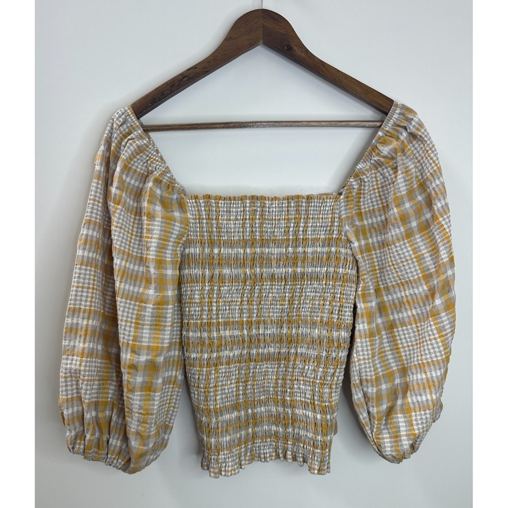 Maeve Anthropologie Gingham Plaid Smocked Puff Sleeve Ruffle Top XS Square Neck - Picture 8 of 13